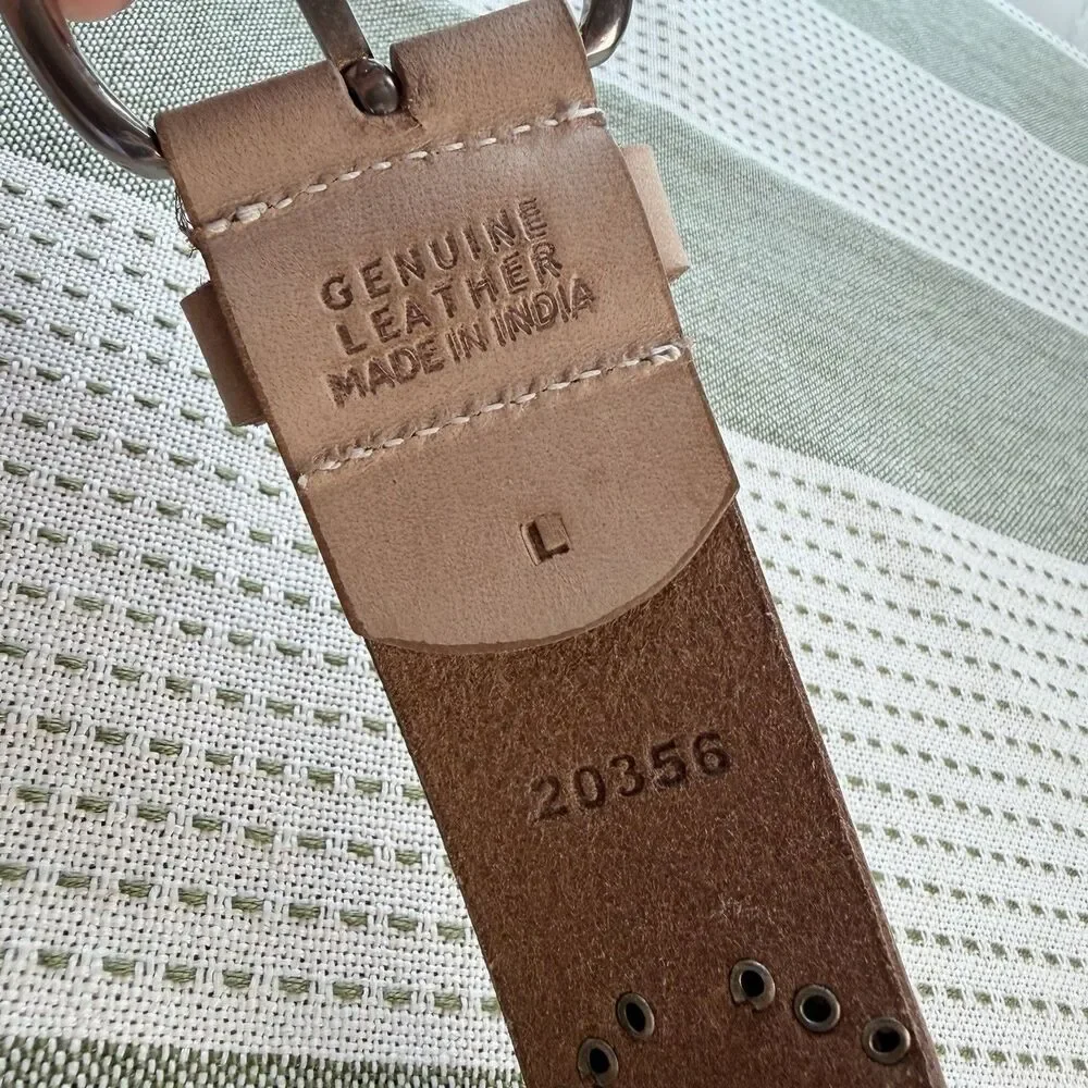 Women’s Tan Brown Leather Belt Silver Buckle & Studs NEW Size L